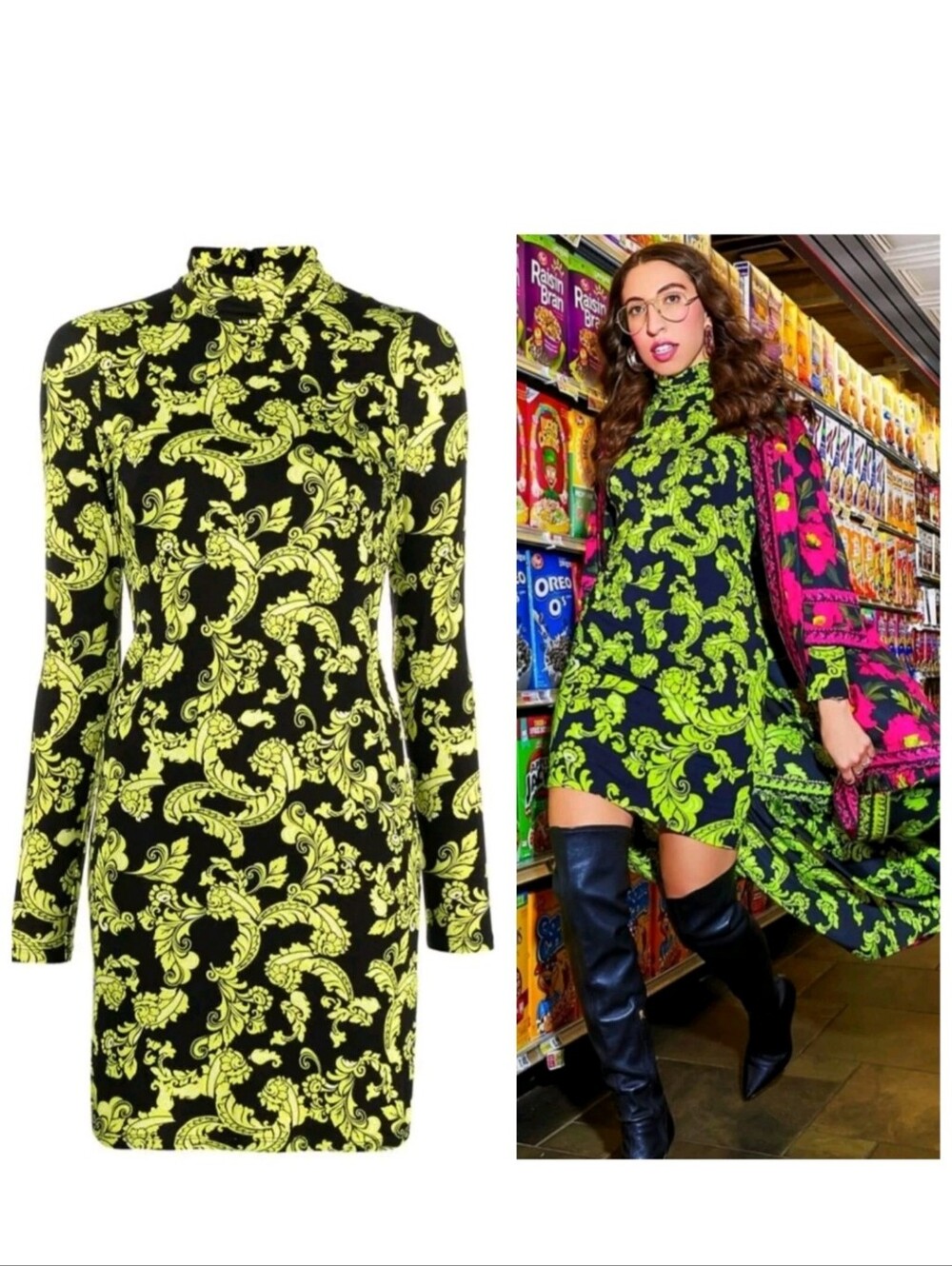 Alice + olivia delora turtleneck floral lime mini dress Size 6 $330